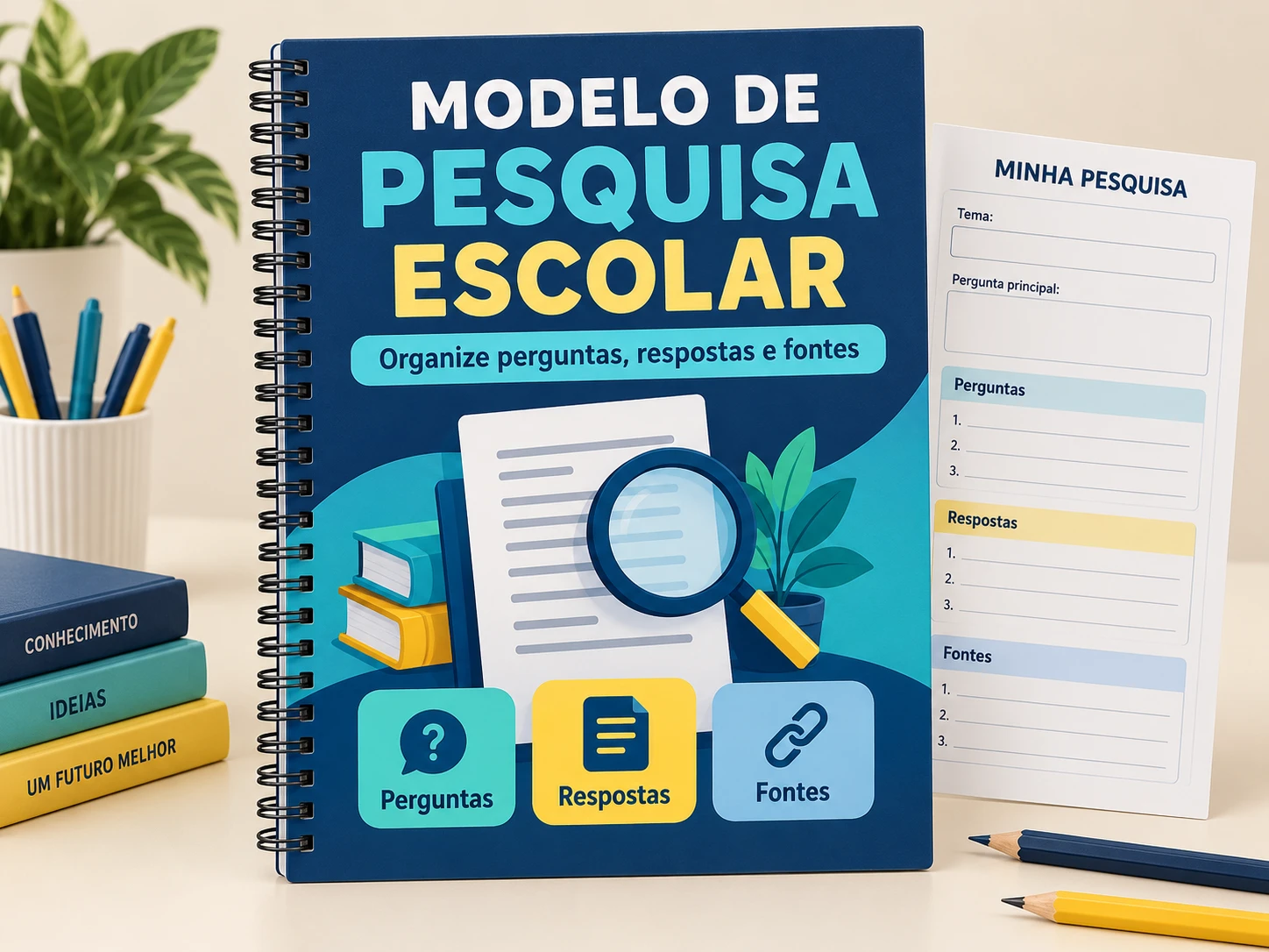 Mockup do bônus planejado Modelo de Pesquisa Escolar: Organize perguntas, respostas e fontes