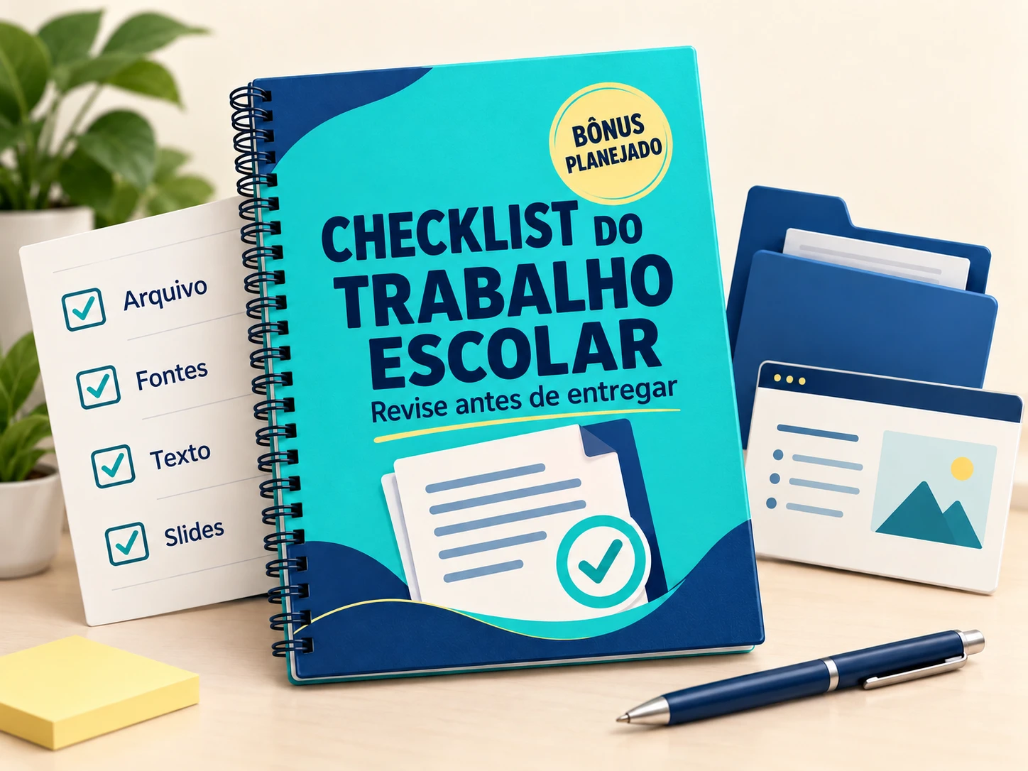 Mockup do bônus planejado Checklist do Trabalho Escolar: Revise antes de entregar