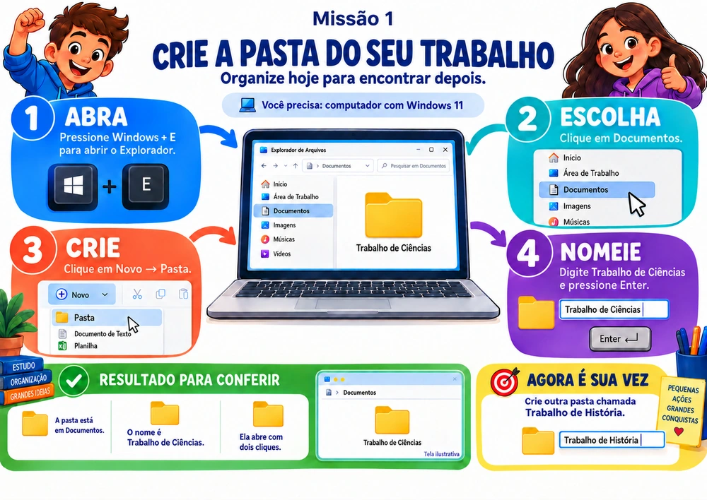 Mapa mental ilustrado: Crie a pasta do seu trabalho, com passos objetivos, resultado para conferir e desafio prático