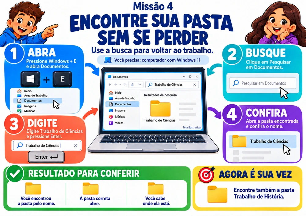 Mapa mental ilustrado: ENCONTRE SUA PASTA SEM SE PERDER, com passos objetivos, resultado para conferir e desafio prático
