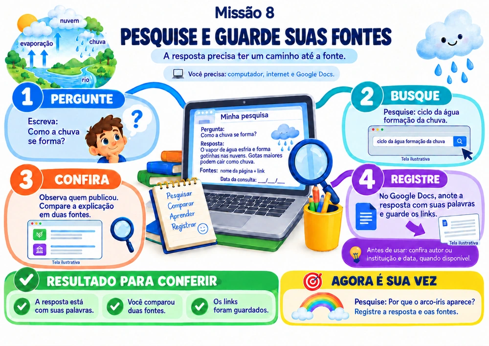 Mapa mental ilustrado: Pesquise e guarde suas fontes, com passos objetivos, resultado para conferir e desafio prático