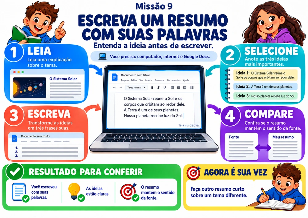 Mapa mental ilustrado: ESCREVA UM RESUMO COM SUAS PALAVRAS, com passos objetivos, resultado para conferir e desafio prático