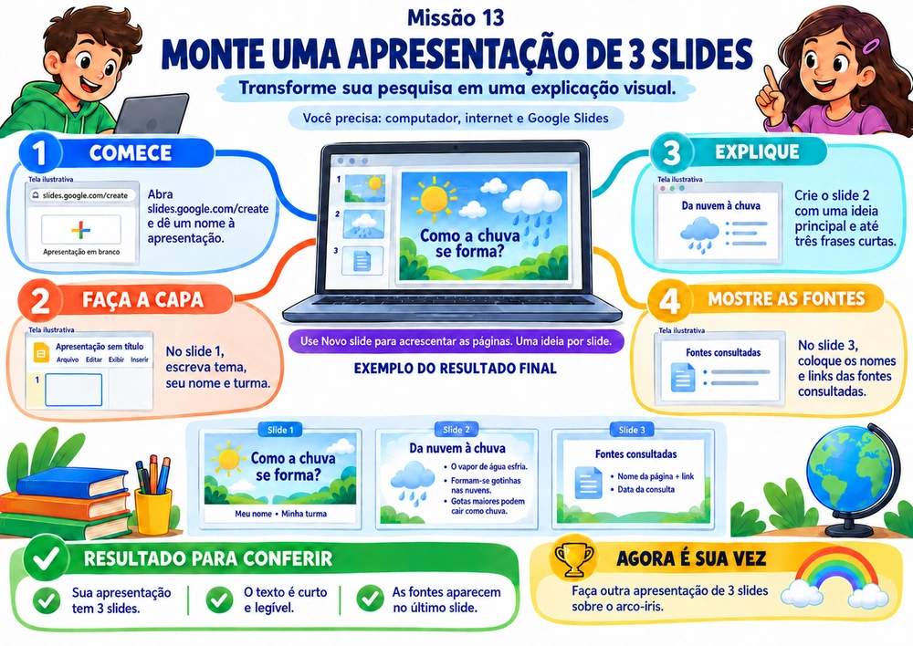 Mapa mental ilustrado: Monte uma apresentação de 3 slides, com passos objetivos, resultado para conferir e desafio prático