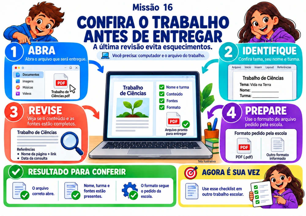 Mapa mental ilustrado: CONFIRA O TRABALHO ANTES DE ENTREGAR, com passos objetivos, resultado para conferir e desafio prático