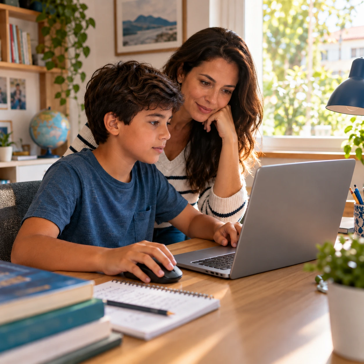 Mãe acompanha o filho praticando um trabalho escolar no notebook; cena ilustrativa